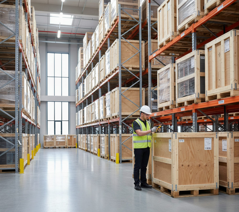 Warehouse operative scanning the label on a large crated technical unit in front of high-bay racking holding export crates and shrink-wrapped pallets