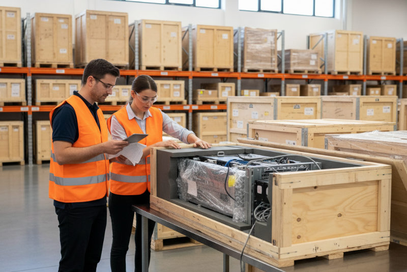 Two logistics specialists checking a partly opened export crate holding foam-protected technical equipment against a packing list on a tablet