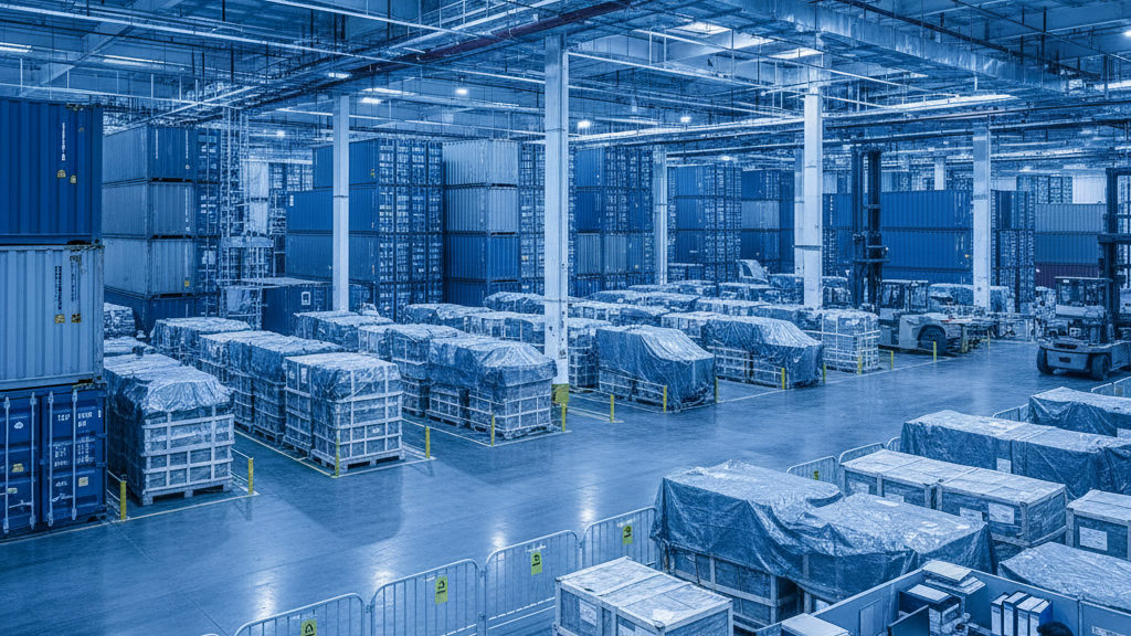 Bonded customs warehouse with stacked shipping containers and crated high-value goods under customs control
