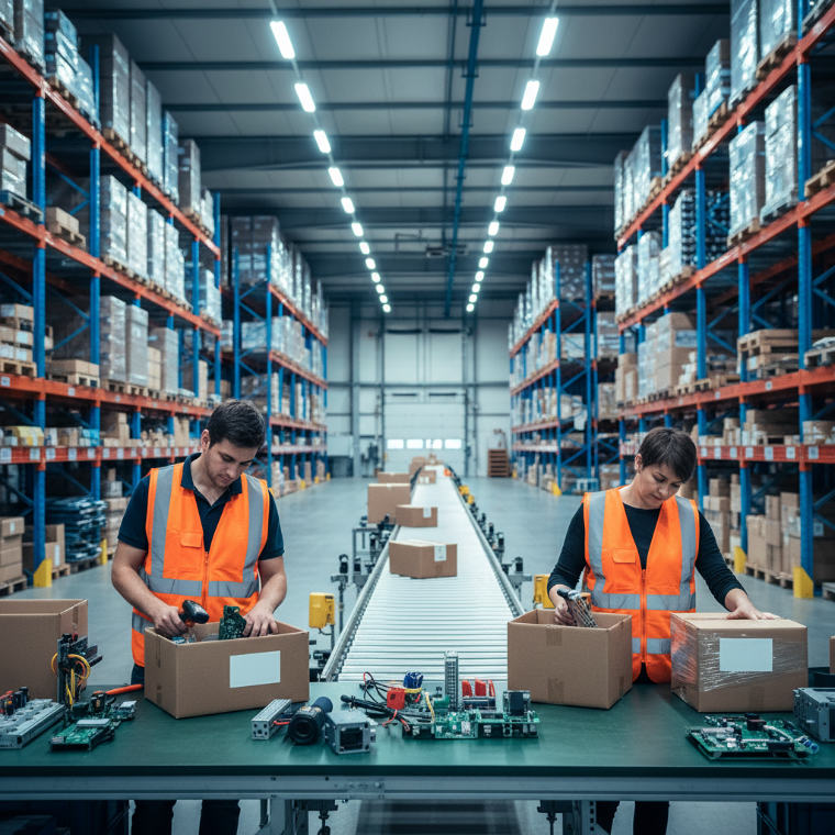 Warehouse operatives in hi-vis vests assembling and labelling a technical equipment order at a packing bench in a contract logistics operation