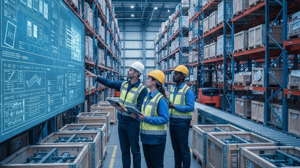 Warehouse team managing inventory on a tablet beside racking of crated equipment