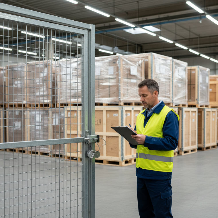 Sealed pallets and crates stored behind a secure mesh partition in a bonded warehouse while a compliance officer reviews import documentation