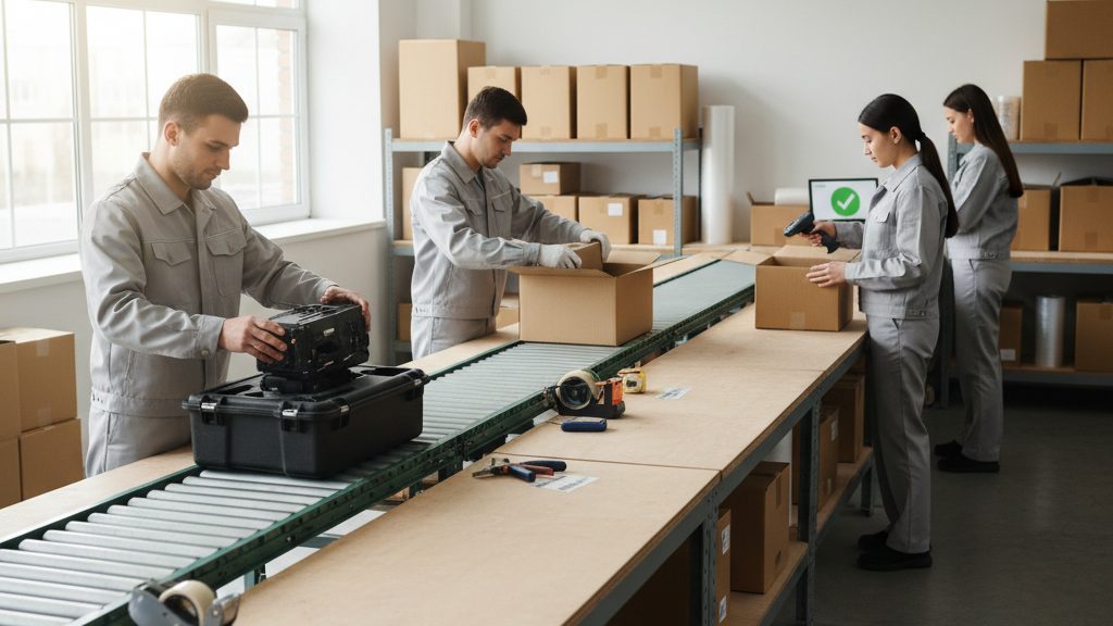 Staff packing protective cases and cartons at a fulfilment packing bench with conveyor