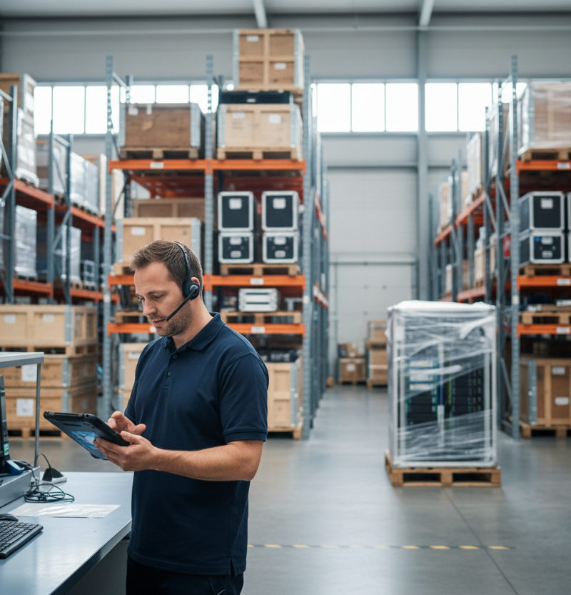Logistics coordinator with a headset and tablet at a warehouse dispatch desk, with crated technical equipment on pallet racking behind him