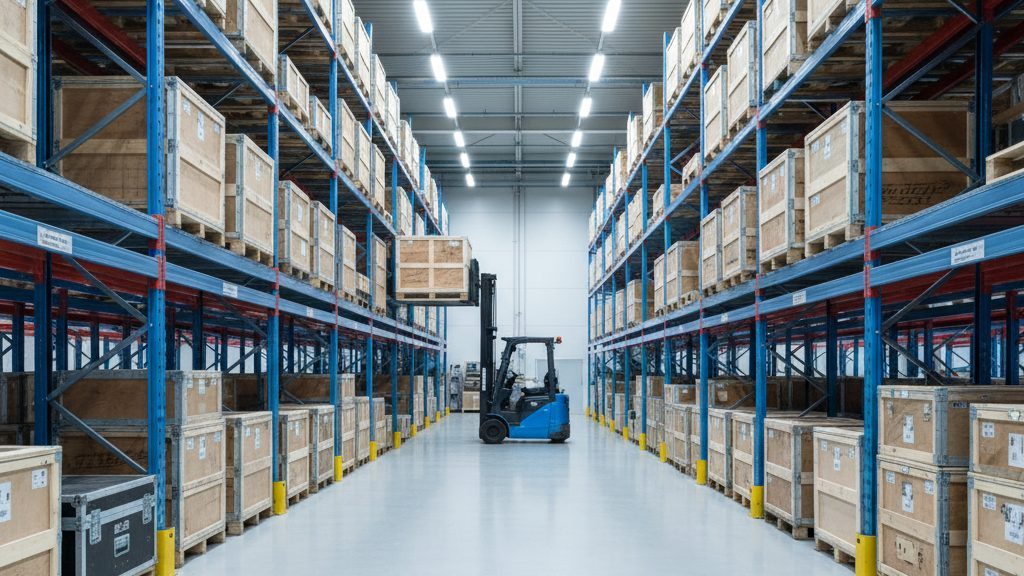 Technical logistics warehouse with pallet racking of crated high-value equipment and a forklift
