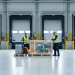 Two workers in high visibility vests moving a crated piece of technical equipment on a pallet truck across a cross dock terminal floor lined with loading doors
