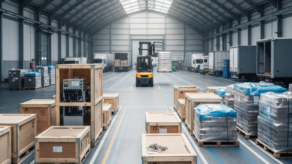 Crates and wrapped pallets from several shippers in floor lanes at a groupage depot, a forklift building the outbound load.